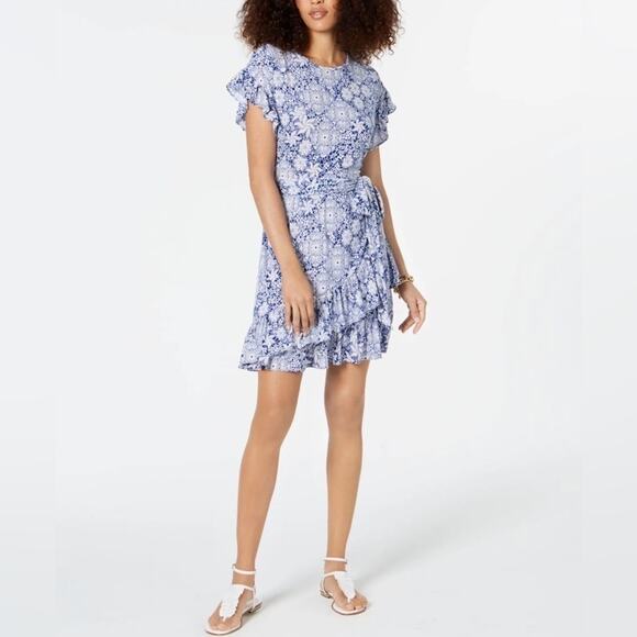 MICHAEL KORS | Blue White Floral Print Ruffle Hem Dress | Size Large - Picture 2 of 6